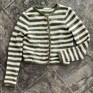 LUSH Green & White Preppy Women's Knit Sweater Gold Buttons Coastal CottageCore